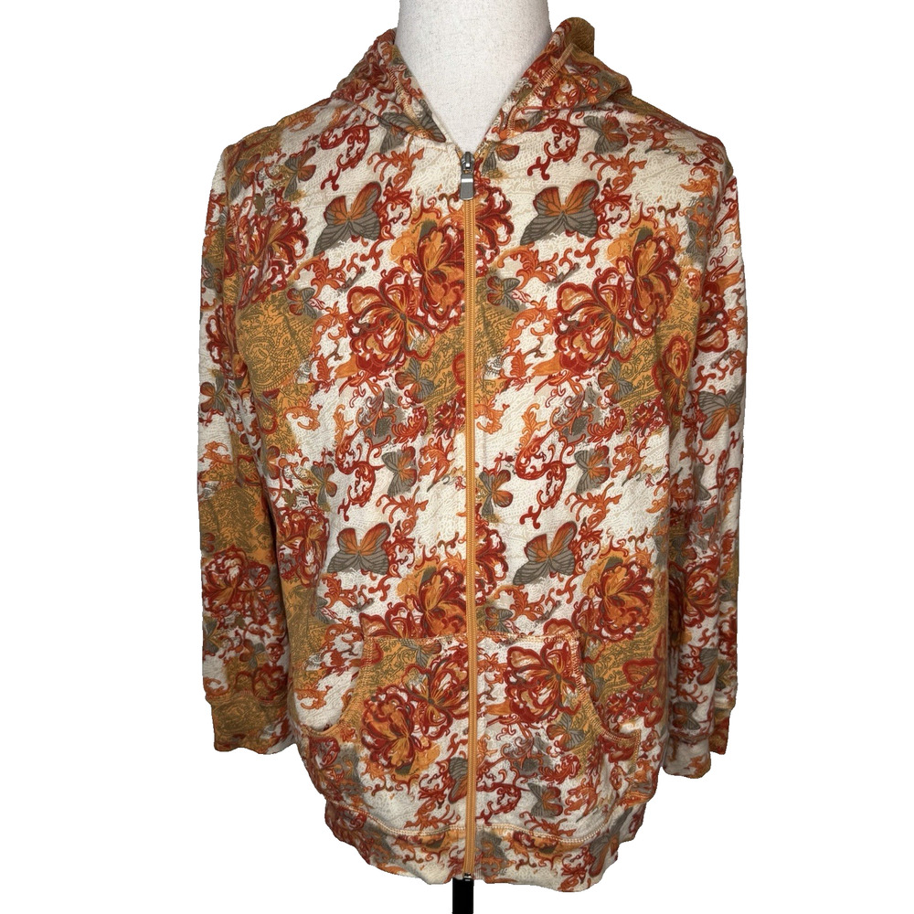 Activology Womens Hoodie Sweatshirt 1X Zip Floral Butterflies Orange & Cream